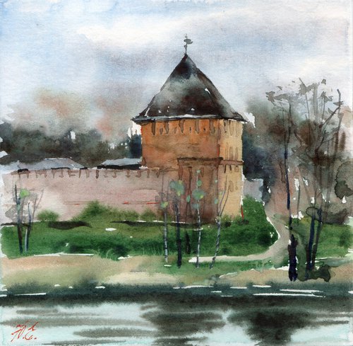 Old fortress of Veliky Novgorod, small watercolor by Yulia Evsyukova