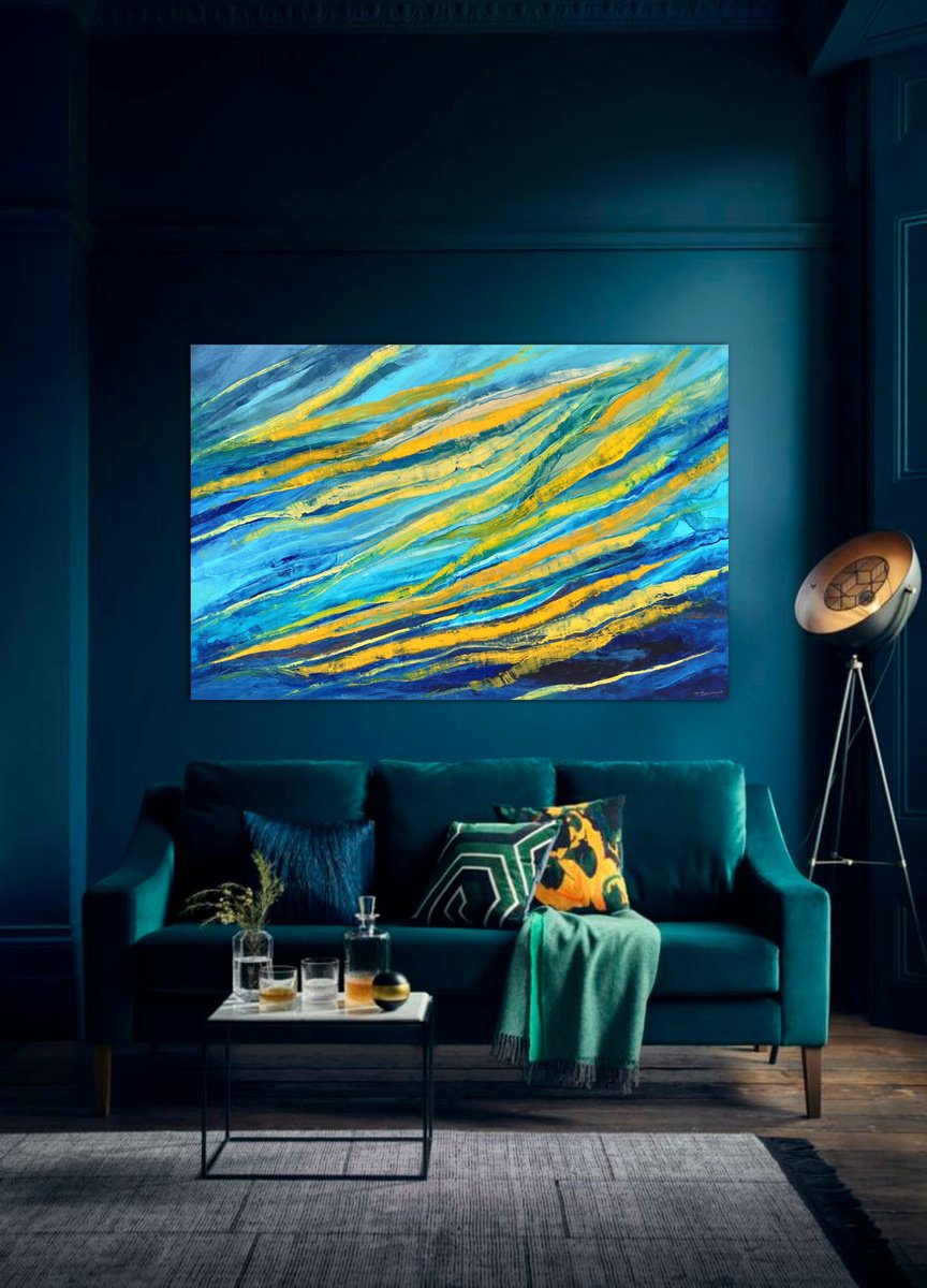 Abstract Oil Painting By Tigran Mamikonyan, 59 X 39", Sunrise In The Ocean 100X150Cm, Original Artwork