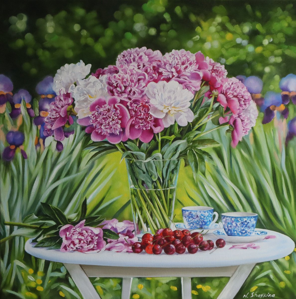 Photorealistic Oil Painting , Peonies And Cherries In The Garden By Natalia Shaykina, 24 X 24, Artwork For Sale On Artfinder