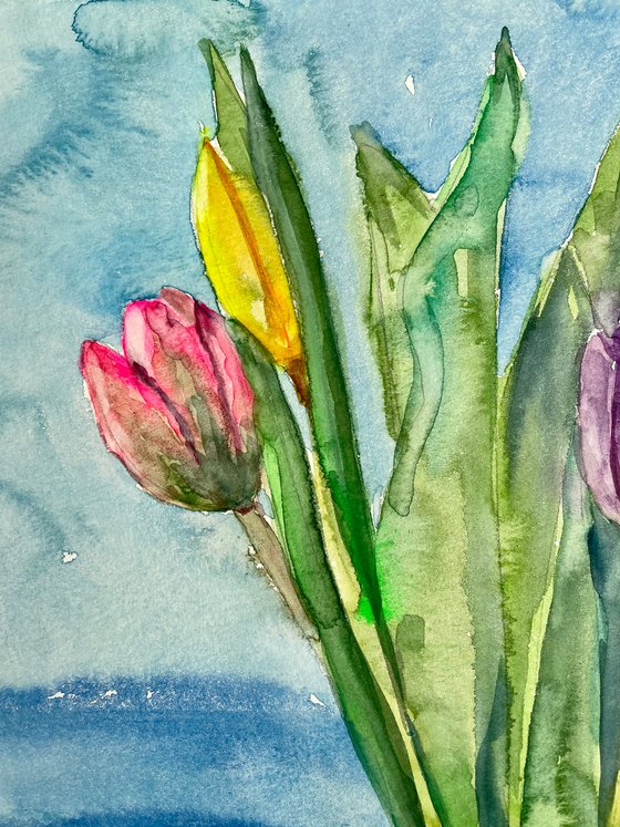 Tulips Original Watercolor Painting, Mothers Day Gift, Boho Colorful Wall Decor