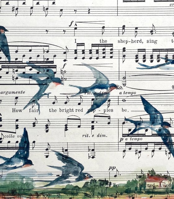 Swallows & poppy field on sheet music