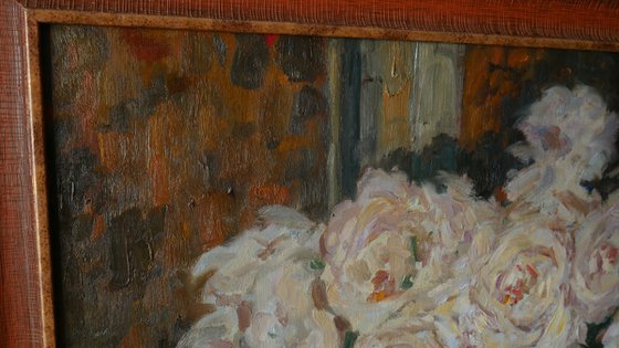 The Peonies Near The Night Window - peonies still life painting