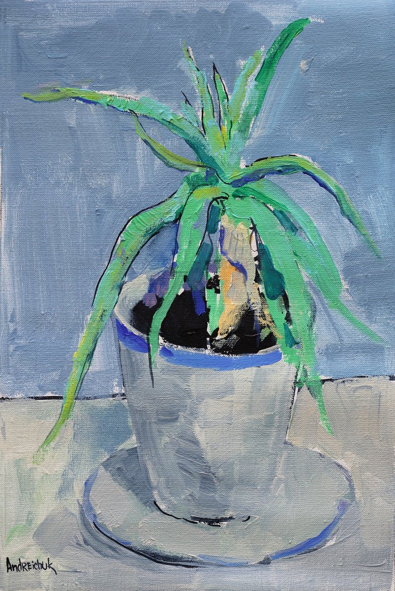 Impressionistic Still Life Acrylic Painting By Artem Andreichuk, 12 X 18, Aloe. Grey Tones., Original Artwork