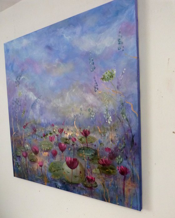 The sacred blooms 70 x70 cm. Impressionist landscape with water lilies