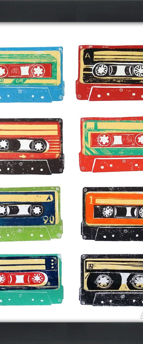 Linocut tapes #32 - framed and ready to hang (cassette tapes, retro music, 70's, 80's rock culture) by Carolynne Coulson