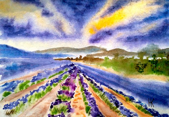 Tuscany Painting Landscape Original Art Small Lavender Field Watercolor Artwork Home Wall Art 12 by 8" by Halyna Kirichenko