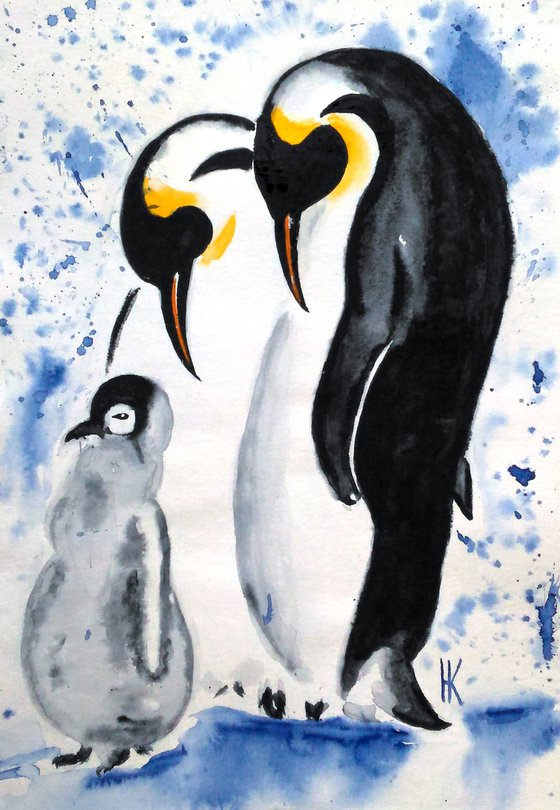 Penguin Painting Animal Original Art Wildlife Watercolor Artwork Baby Penguin Family Home Wall Art 8 by 12" by Halyna Kirichenko