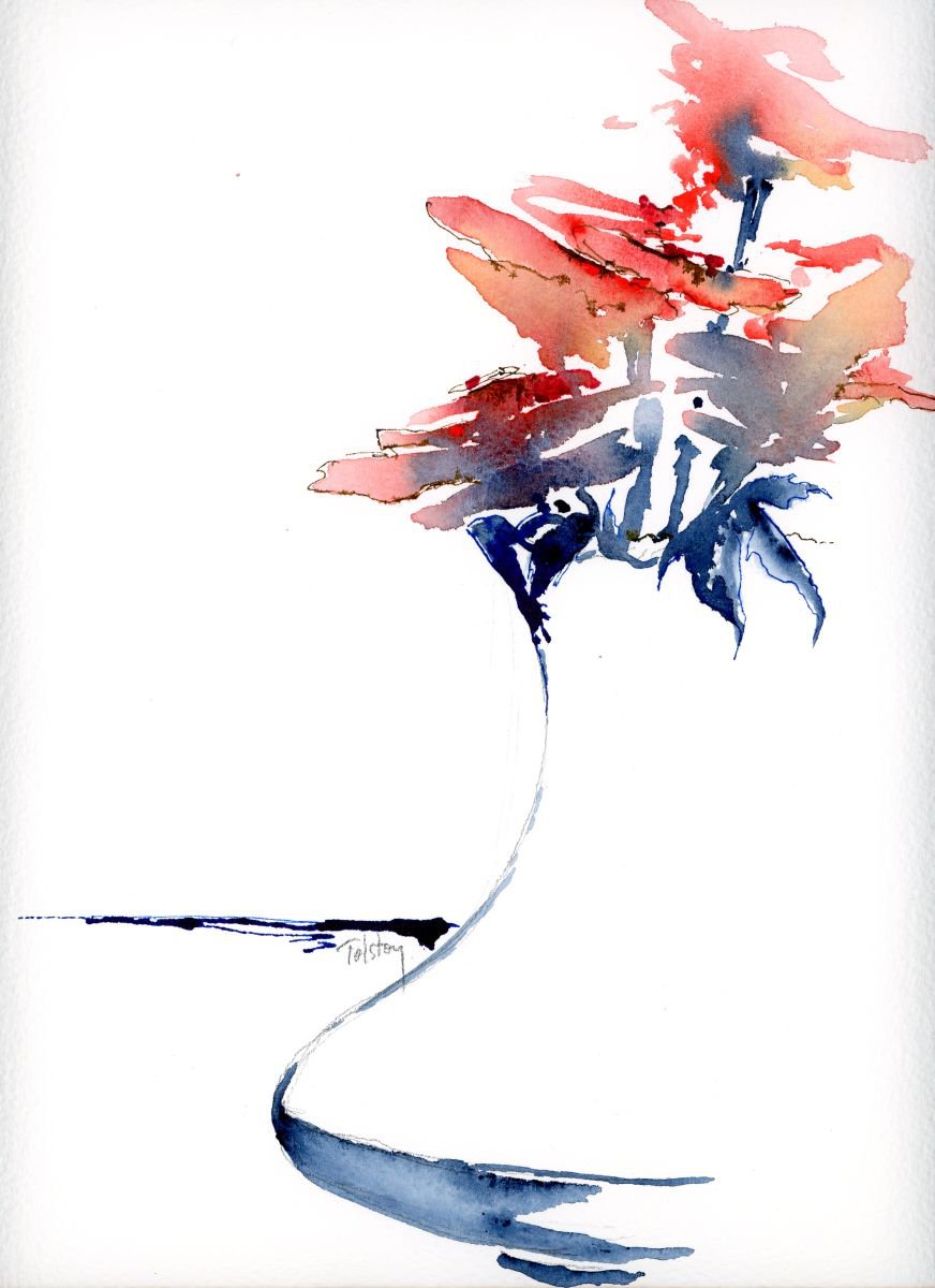 Impressionistic Botanical Watercolour By Alex Tolstoy, 12 X 16, Vase Of Roses, Original Artwork