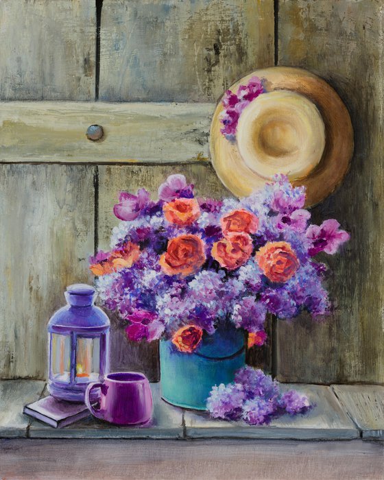 Red and purple flowers still life