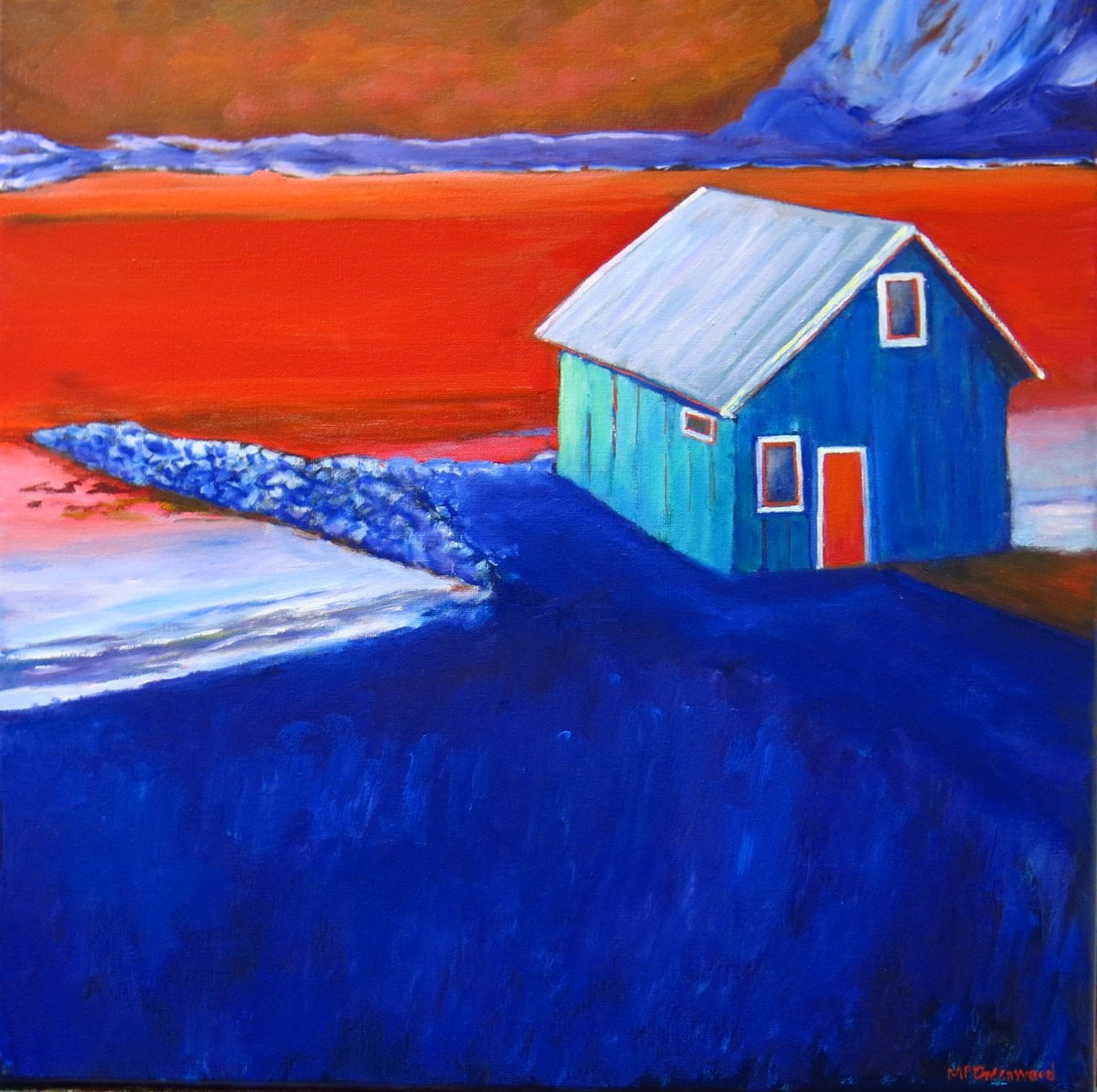 Impressionistic Landscape Oil Painting By Maureen Greenwood, 20 X 20", Surreal Norwegian Hideaway, Original Artwork