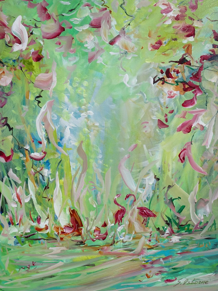 Abstract Landscape Lily Pond Flowers Birds Fantasy Painting. Tropical Pink Flowers Flaming... by Sveta Osborne