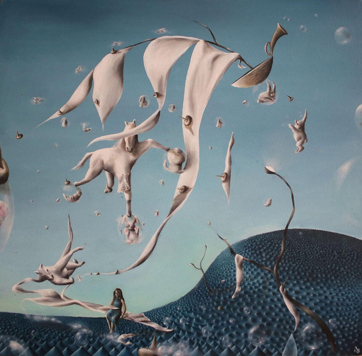 Surrealistic Landscape Oil Painting By Vanessa T Stefanova, 24 X 24", Thinking Things Up, Original Artwork