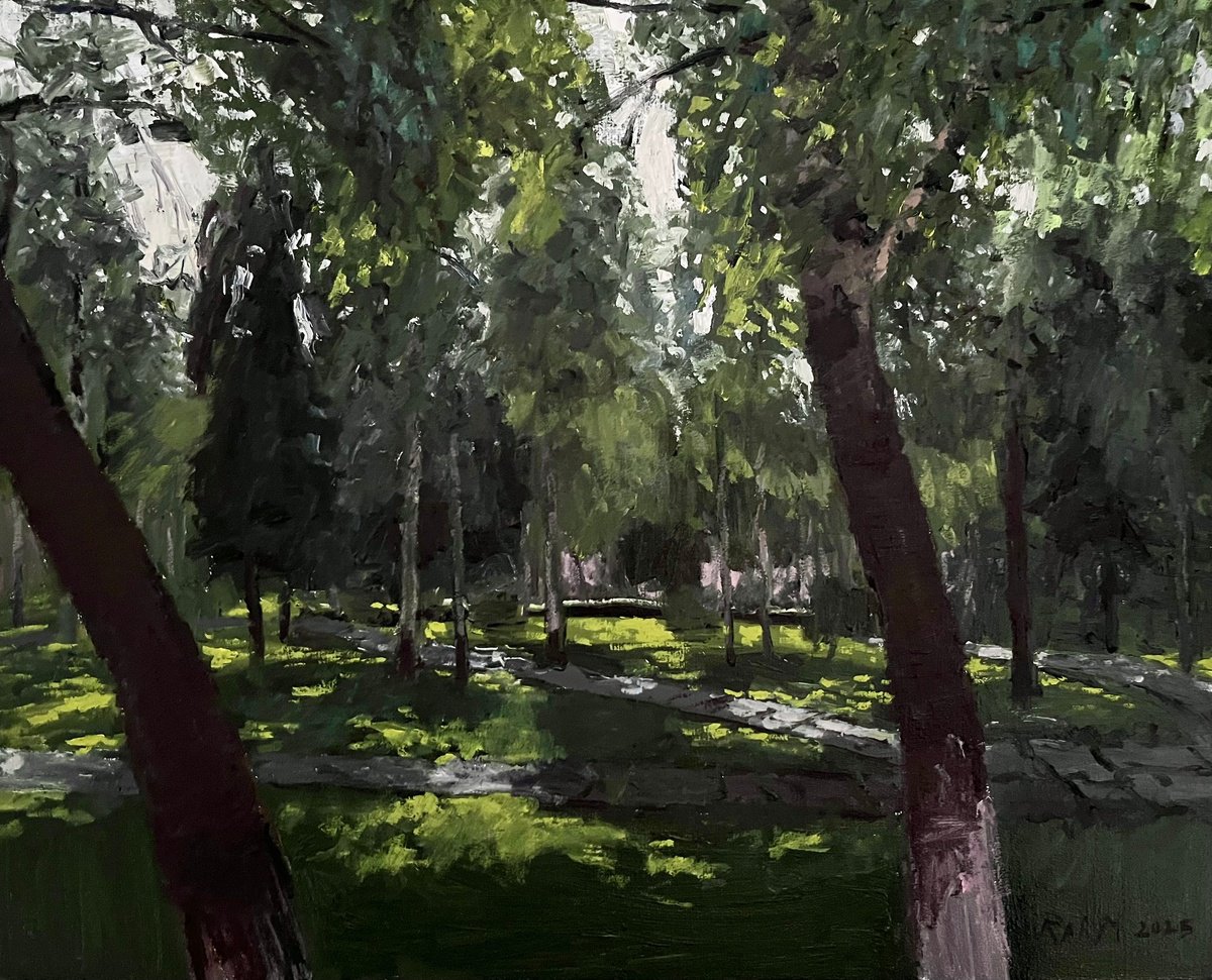 Impressionistic Landscape Oil Painting By Michael Rak, 20 X 16", The Birch Park, Original Artwork