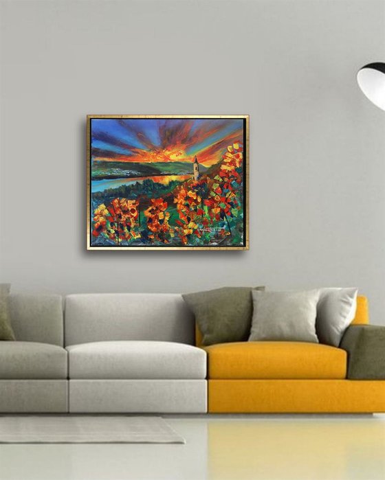 'SUNSET IN EIFEL, GERMANY' - Acrylics Painting on Canvas
