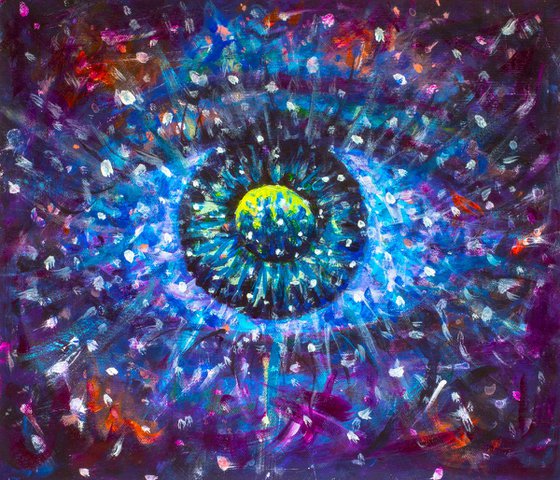 Handmade painting All-seeing eye or eye of universe. Painting with acrylic on canvas. Artist Rybakow Valery.