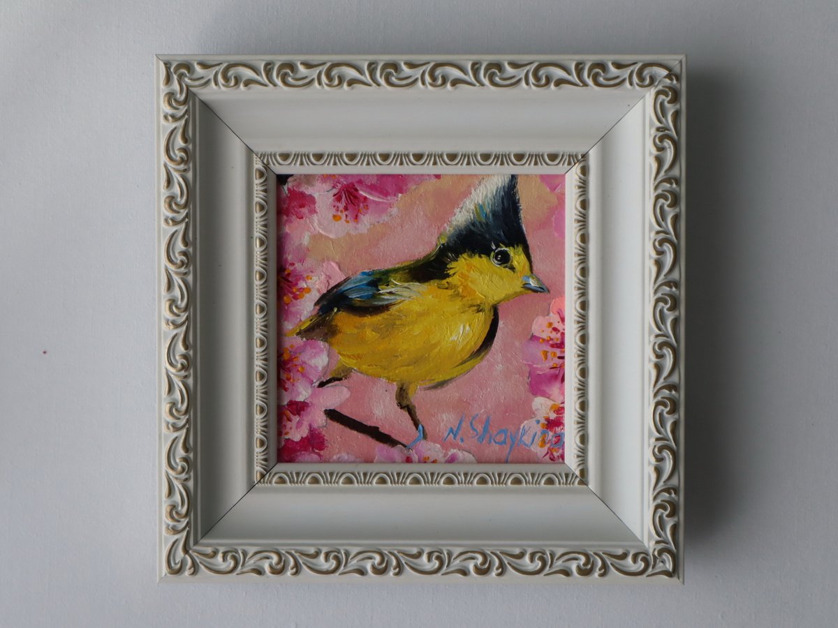 Bird painting original, Miniature painting 4x4 in, 10x10 cm, Xmas Gift for Mom, Happiness... by Natalia Shaykina