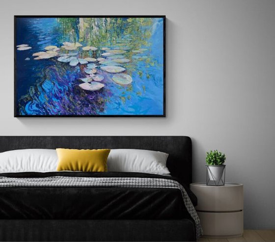 'Water Lilies' Large Impasto Lilly Pad Water Reflections Oil Painting