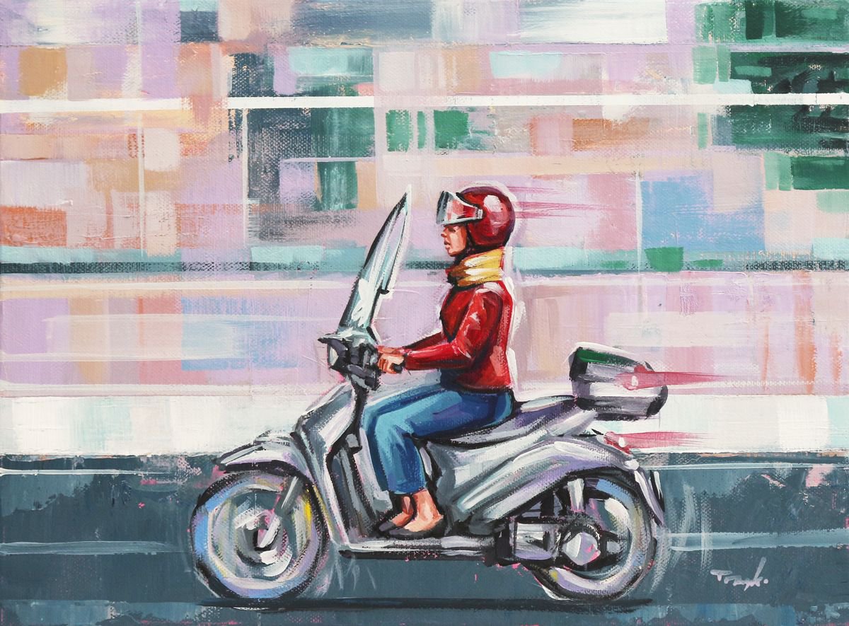 Trayko Popov | Original  Acrylic Painting | Speed..beautiful Day. Bike. Autumn. Road. Cycling Fast. Motorbike. Motorcycle. Street | 40 X 30Cm | Artwork For Sale On Artfinder