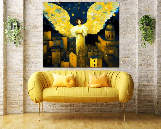 Night Angel. Fairytale cityscape. Original large format fantasy surrealism mythology legend art, symbolic artwork, romantic golden and dark blue wall art for home decor. Nice lovely gift.