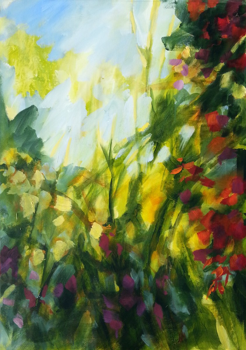 Impressionistic Botanical Acrylic Painting By Fabienne Monestier, 26 X 36, Garden In Autumn, Original Artwork