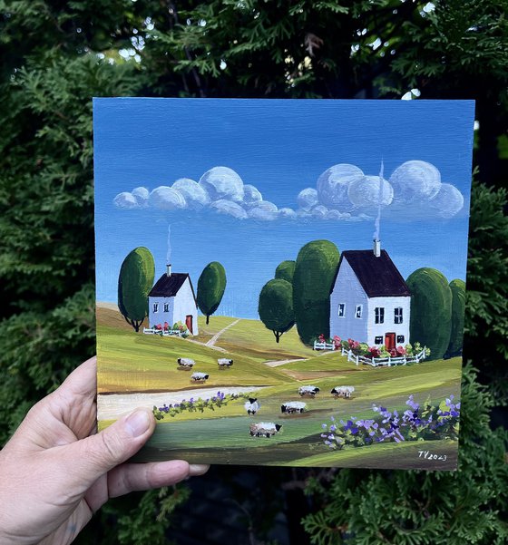 Naive country landscape. Acrylic painting. 8x8