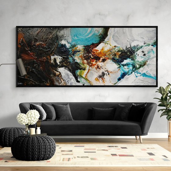 Natural Potion 240cm x 100cm Teal Black White Textured Abstract Art