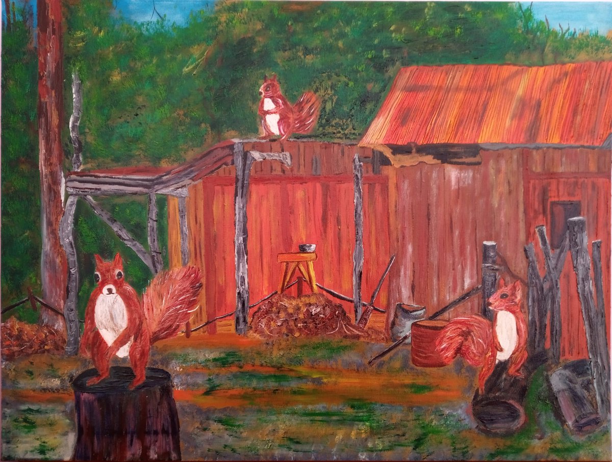 Naive Animal Oil Painting By Corinne Hamer, 32 X 24, Red Squirrels, Original Artwork