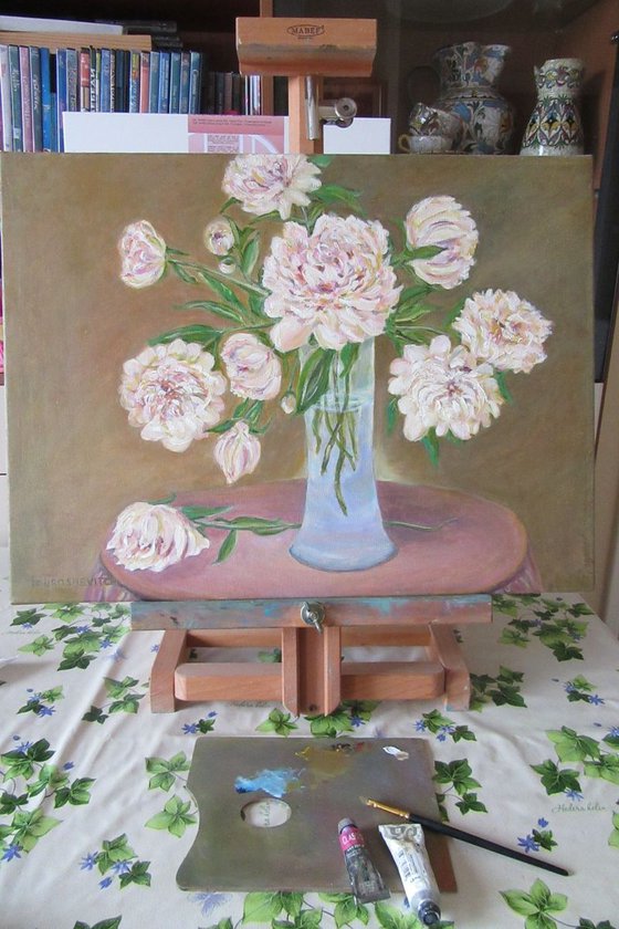 Peonies in a vase - Traditional Original Oil Painting of Blooming Flowers Peonies staying in a Vase on a Round Table covered with a Magenta Cloth Gift Inspiration