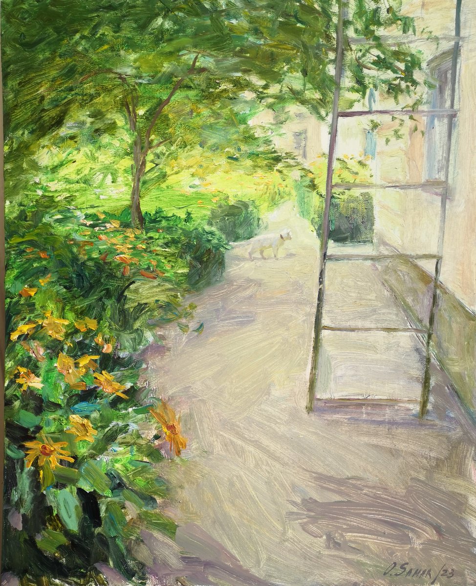 Impressionistic Landscape Oil Painting By Olga Samar, 16 X 20", White Cat, Original Artwork