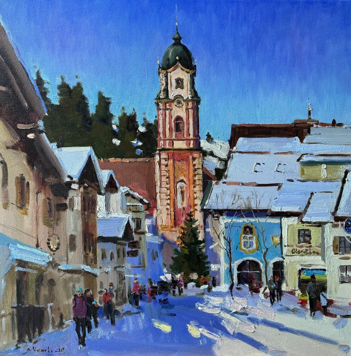 Impressionistic Cityscapes Oil Painting By Evgeniia Mekhova, 20 X 20, Mittenwald Cityscape, Germany, Original Artwork