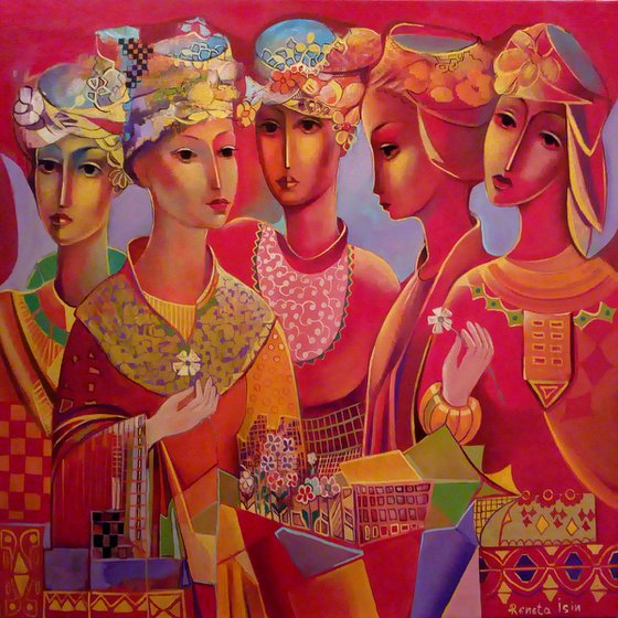 " Five Directions " - 80 x 80cm Original Oil Painting RED dress 5 Women