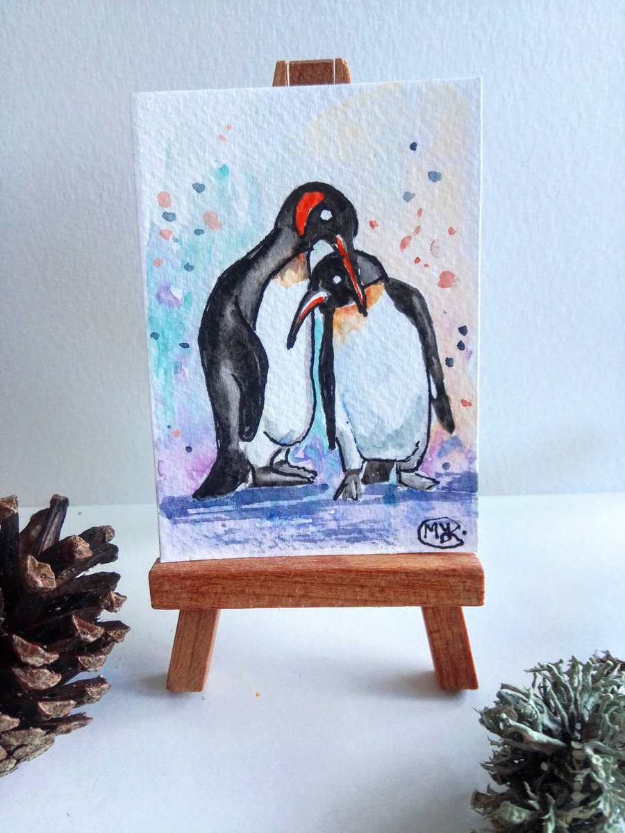 Love Birds. Penguin Couple miniature original painting by MARJANSART