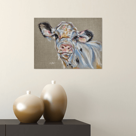 Kohl - Black & White Calf Cow original oil painting on linen on board