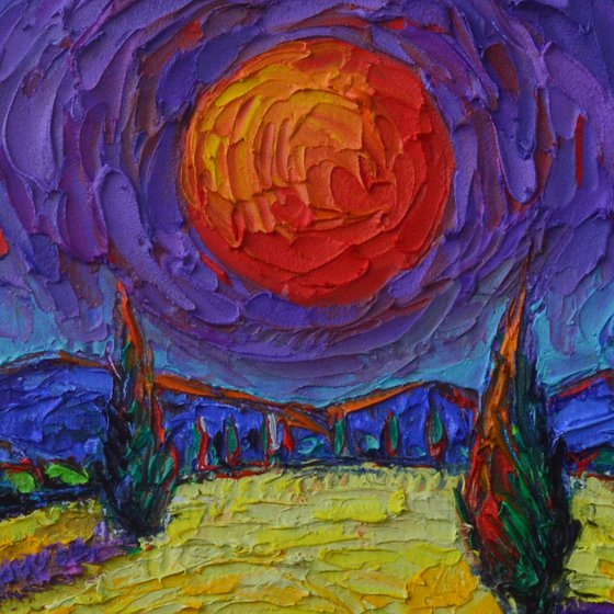 PROVENCE COLORFUL NIGHT sunflowers and cypress trees full moon art abstract landscape textural modern impressionism impasto palette knife oil painting by Ana Maria Edulescu