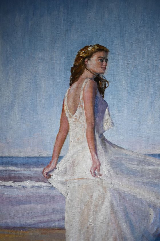 Sea Breeze-Impressionist beach figure oil painting. 50x70cm.