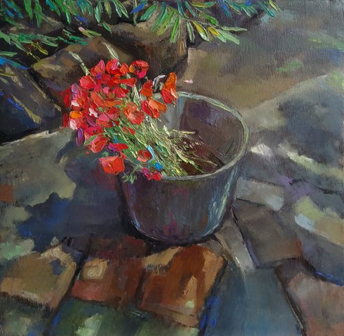 Field poppies (35x35cm, oil canvas, ready to hang) by Kamsar Ohanyan