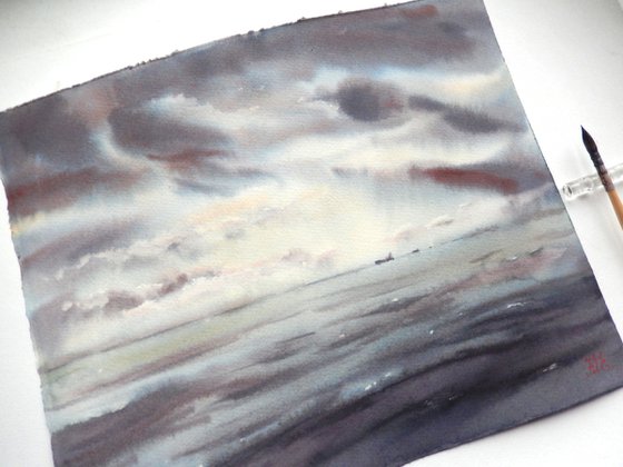 Watercolor seascape, Sky and ocean, Atmospheric painting