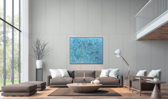 LOST IN THE MOMENT. Abstract Blue Teal Coastal Art with 3D Dimensional Texture