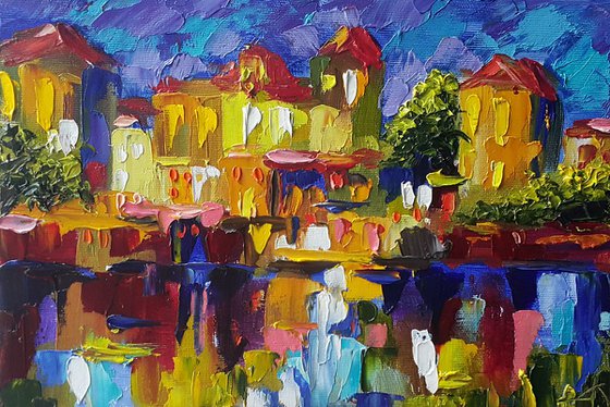 Evening city - painting cityscape, cityscape Venice, evening Venice, landscape, oil painting, street scenery, painting on canvas, impressionism, city, gift