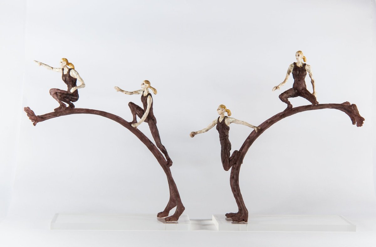 Expressive Portrait Sculpture By Holly Bennett, 20 X 11, The Ladder Riders, Original Artwork