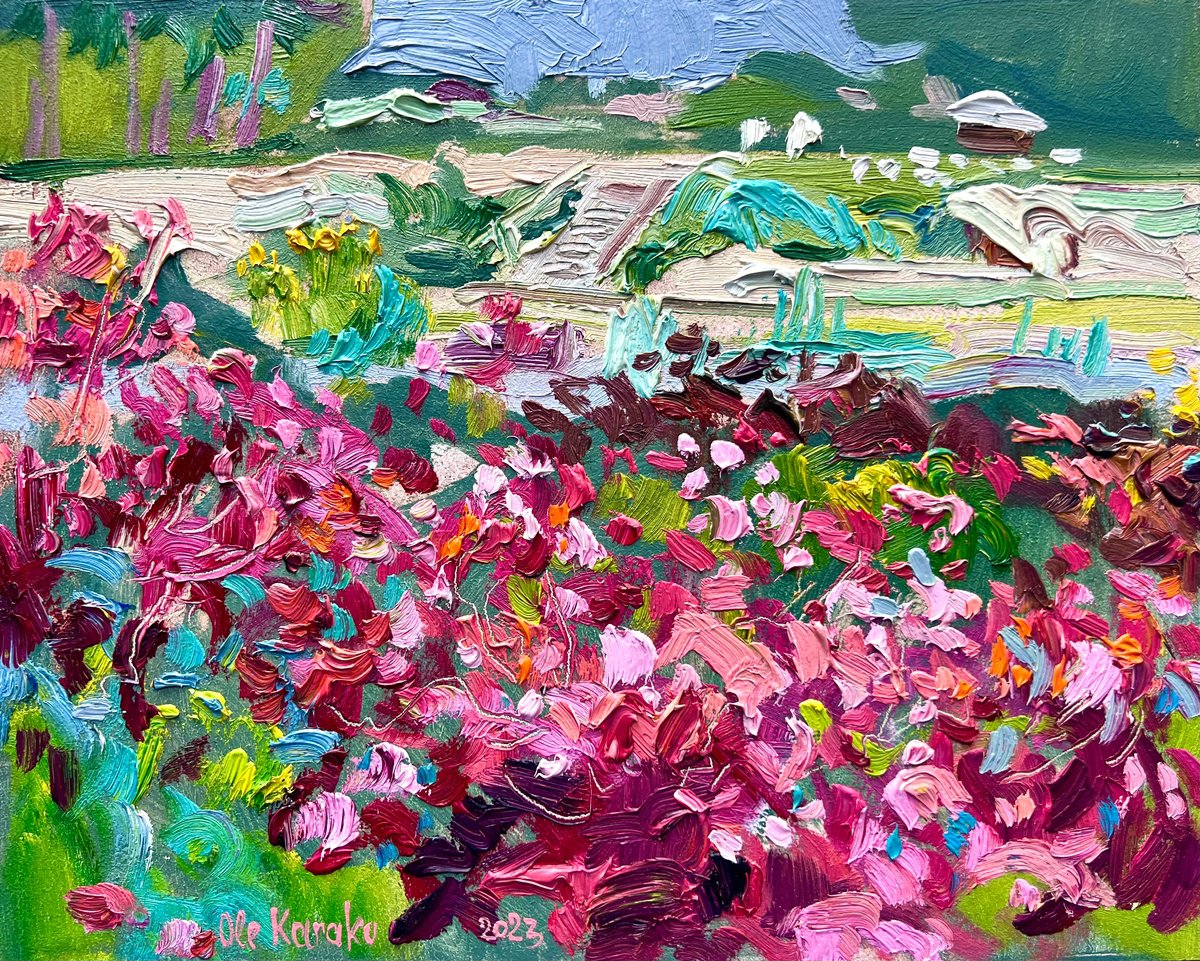 Impressionistic Botanical Oil Painting By Ole Karako, 12 X 9", Pink Flowers, Original Artwork