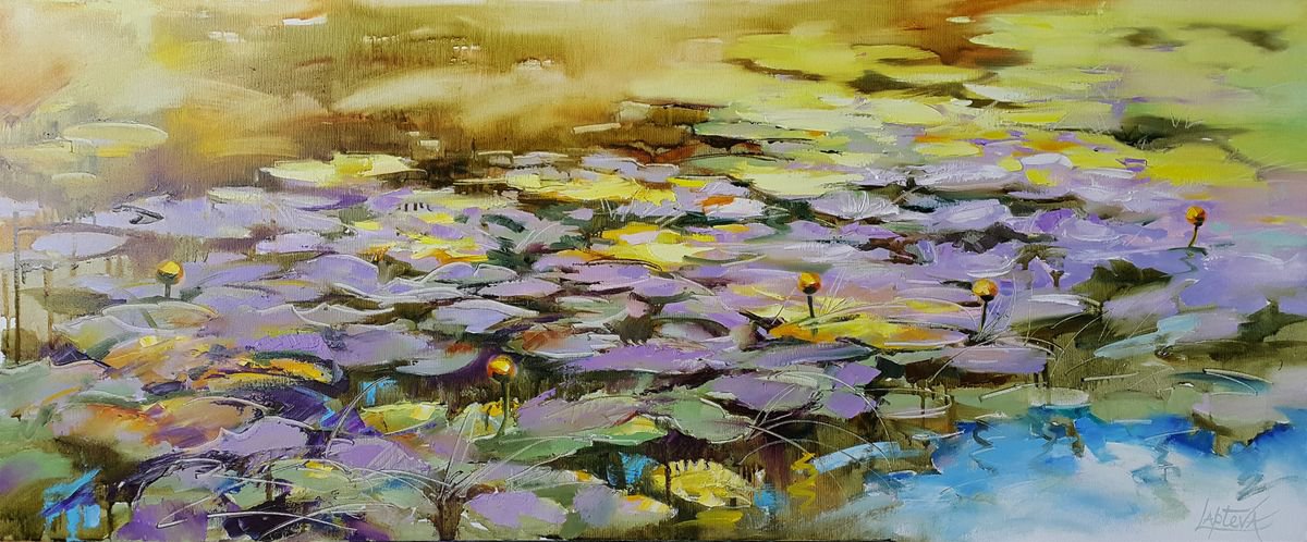 Impressionistic Landscape Oil Painting By Viktoria Lapteva, 47 X 19", Sunlight On The Pond, Original Artwork