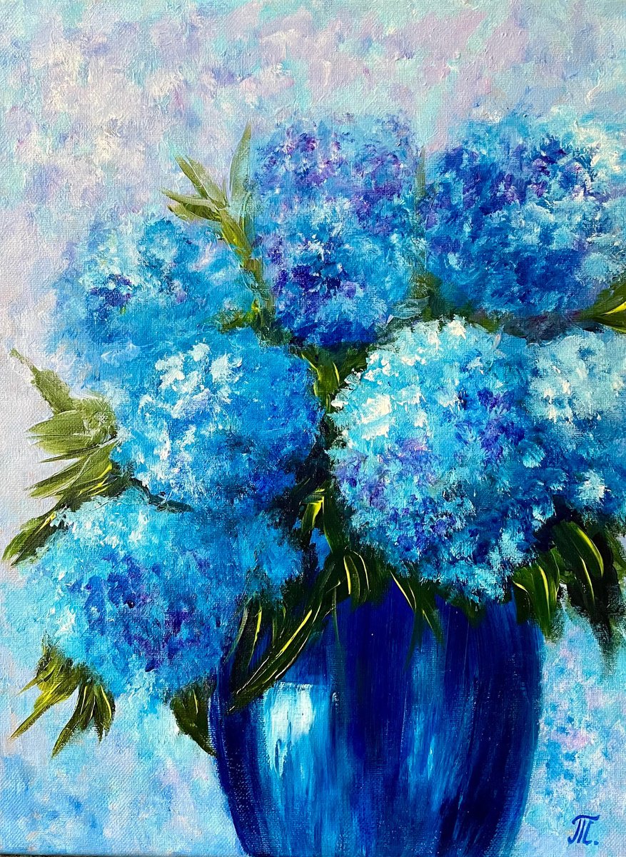 Impressionistic Botanical Acrylic Painting By Tanja Frost, 12 X 16", Hydrangeas Abstract Flowers, Original Artwork