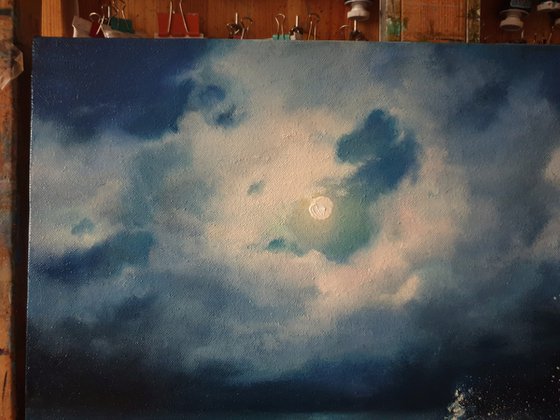 "Night sea." seascape sea night liGHt original painting  GIFT (2020)