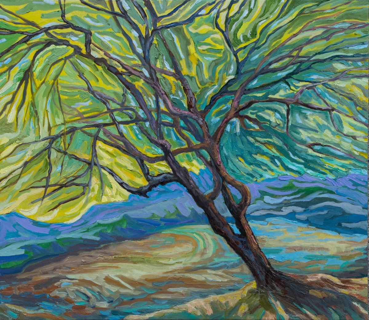 Impressionistic Landscape Oil Painting By Lilit Vardanyan, 28 X 24", The Swaying Tree, Original Artwork