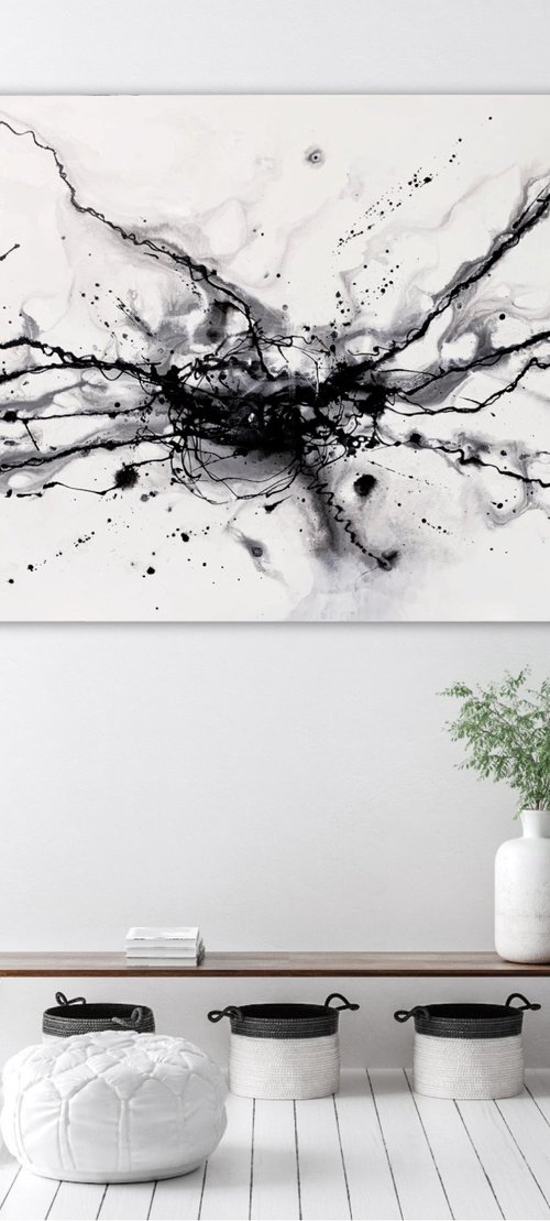 BLACK AND WHITE NEBULA ABSTRACT LARGE CONTEMPORARY ART by Carol Wood