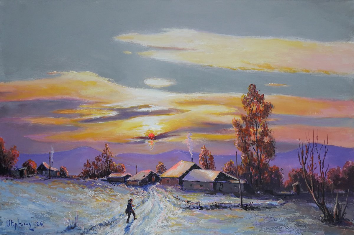 Impressionistic Landscape Oil Painting By Sergey Xachatryan, 31 X 20", Dusk In Winter Village, Original Artwork