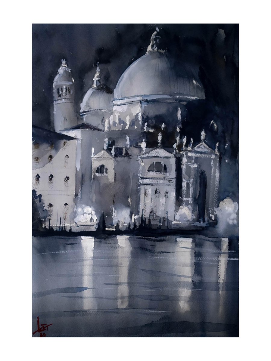 Impressionistic Cityscapes Watercolour By Flavio Furlan, 13 X 21, Notte Sulla Salute, Original Artwork