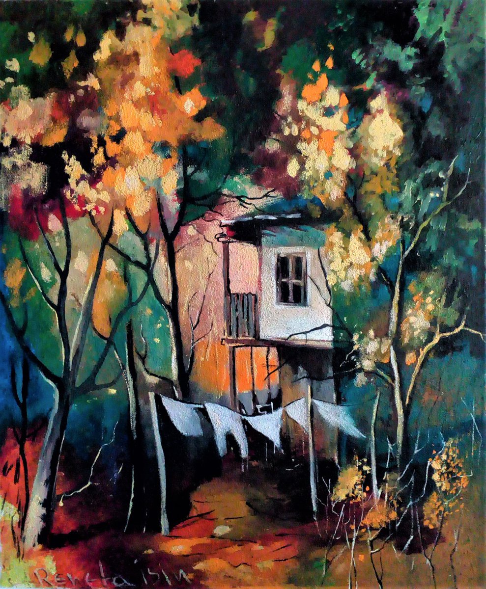 Impressionistic Landscape Oil Painting By Reneta Isin, 20 X 24", " Forest House ", Original Artwork