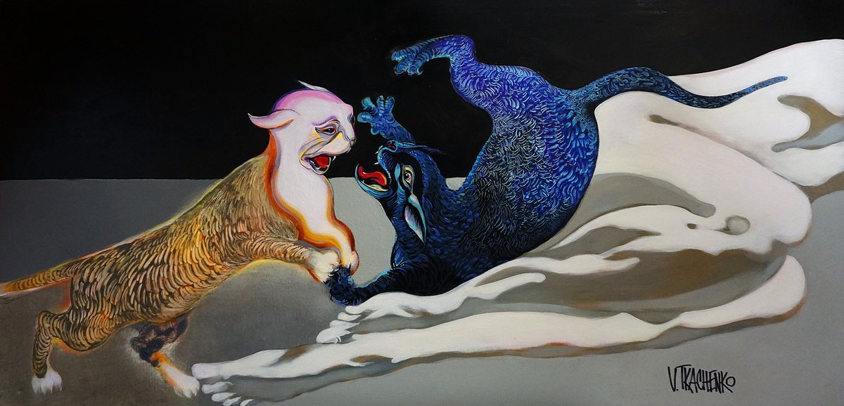 Organic Animal Acrylic Painting By Victor Tkachenko, 41 X 20", Gentle Fight, Original Artwork